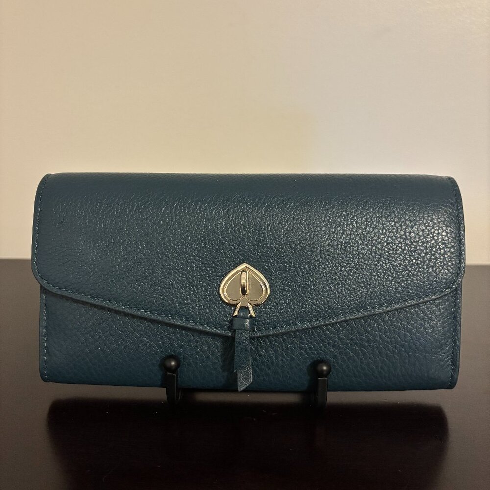 Kate Spade Marti Dark Blue Green Pebbled Leather Large Slim Flap Wallet - Picture 1 of 10